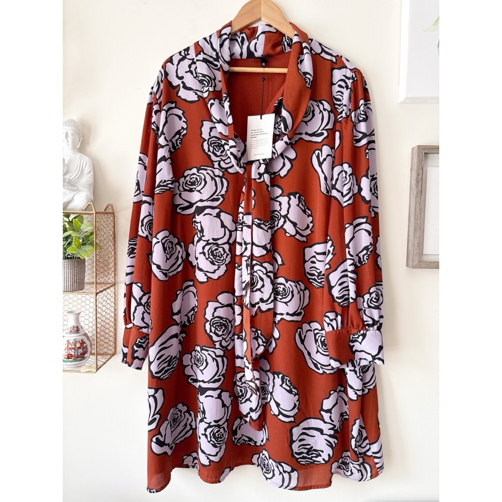 Who What Wear Plus 3X Floral Tie Neck Rust Shift Dress Long Sleeve Arabian Rose